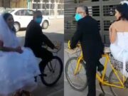 Su papá la lleva en bicicleta al altar el día de su boda (VIDEO)