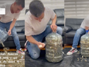 Jóvenes llenan garrafón con monedas durante 4 años; video viral muestra cuánto ahorraron (VIDEO)