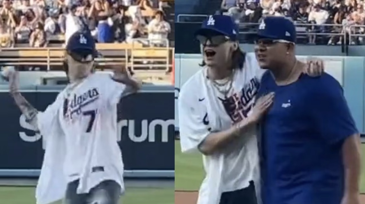 Peso Pluma se lució al lanzar primera bola a Julio Urías en fiesta mexicana  de los Dodgers