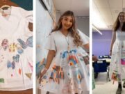 Maestras decoran sus vestidos con dibujos de sus alumnos